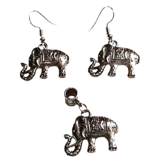 Vintage-inspired Silver-tone Elephant Earrings with Matching Elephant Pendant - Picture 2 of 16